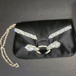 Kate Landry new black satin rhinestone clutch with chain for shoulder